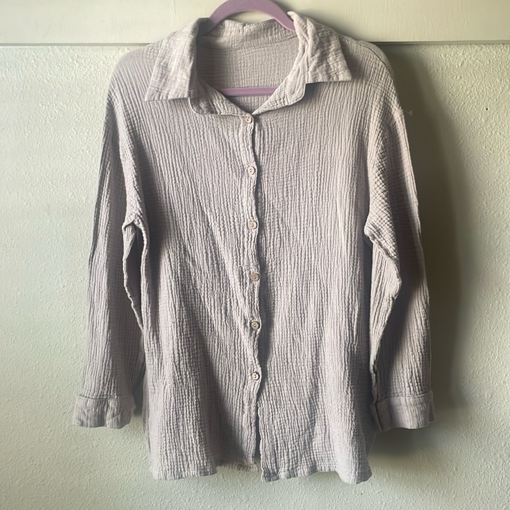 Vintage gray gauze long sleeve button down lagenlook tunic